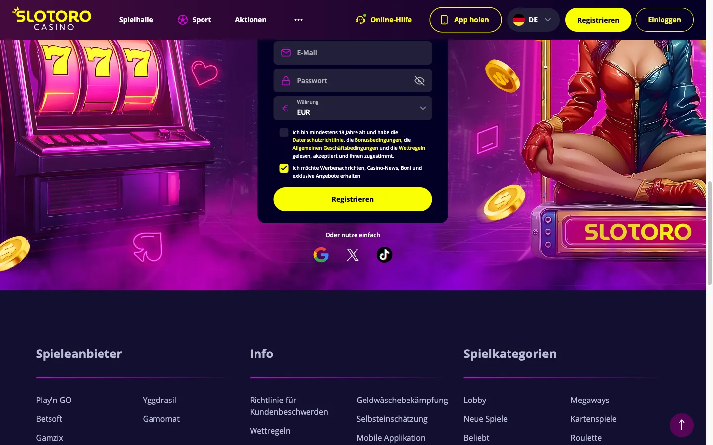 Slotoro Casino Registrierung mit Währungsauswahl in Euro