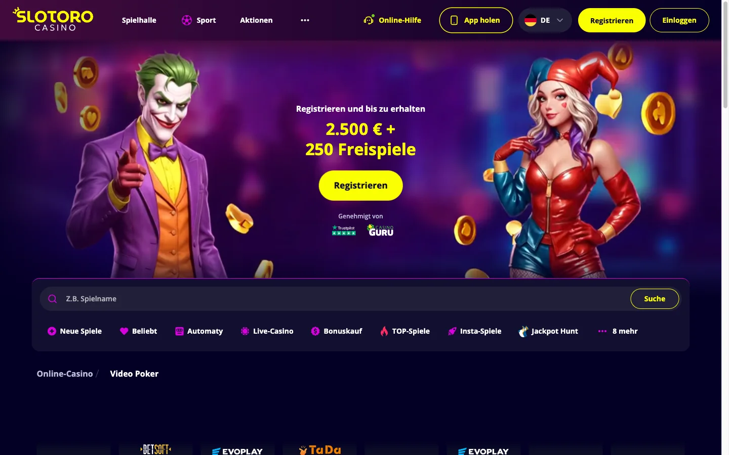 Startseite von Slotoro Casino auf Deutsch mit 2.500 Euro plus 250 Freispielen und den Badges Genehmigt von Trustpilot und Casino Guru